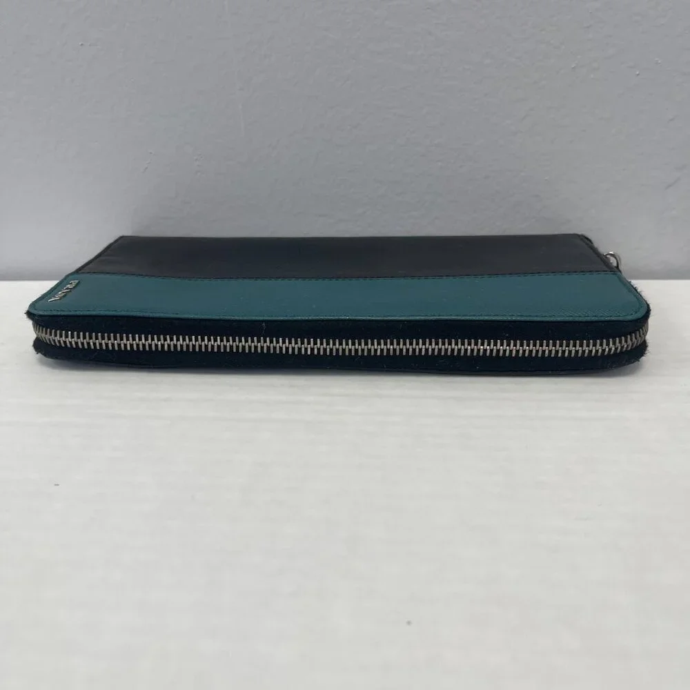 Prada Saffiano Leather Organizer Zippy Wallet in Black and Turquoise - Preowned
